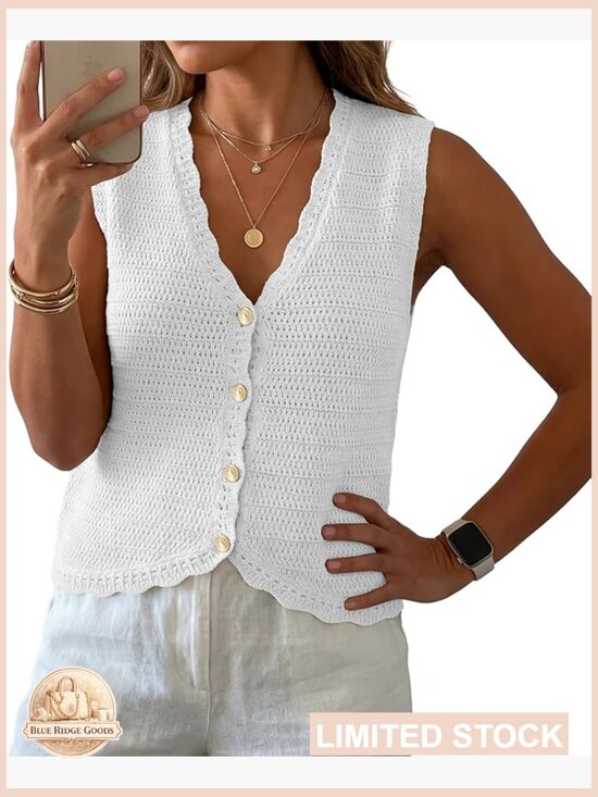 Sweaters - Sleeveless Sweater Vest V-Neck Knit Button Down Casual Chic Layering Piece